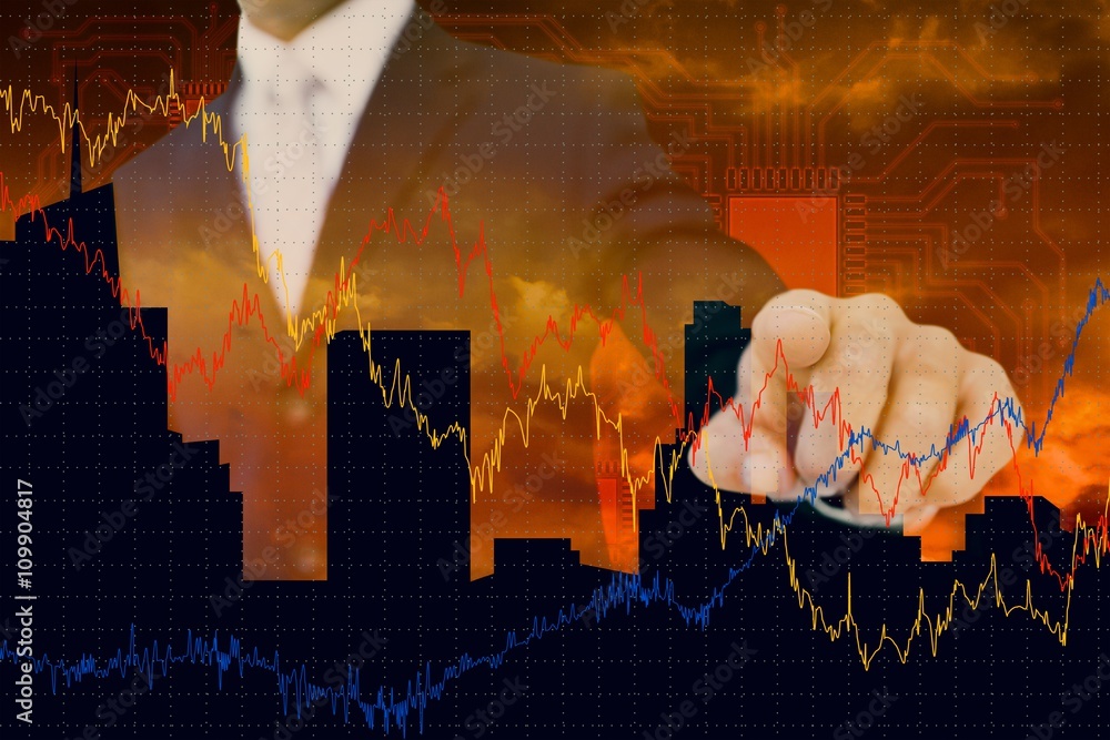 Poster composite image of smiling businessman in suit pointing