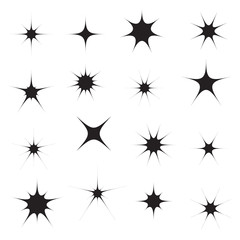 Sparkles symbols, icons set, black isolated on white background, vector illustration.