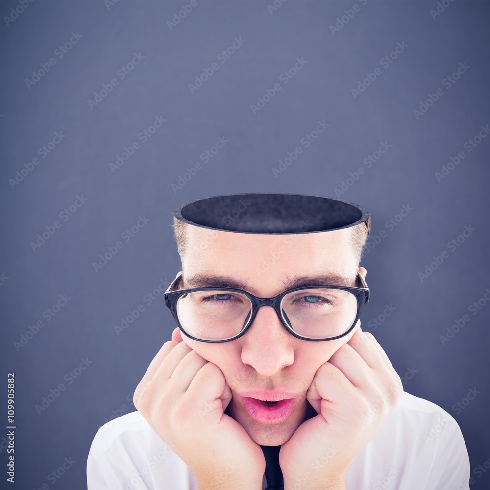 Poster composite image of geeky hipster falling asleep on hands