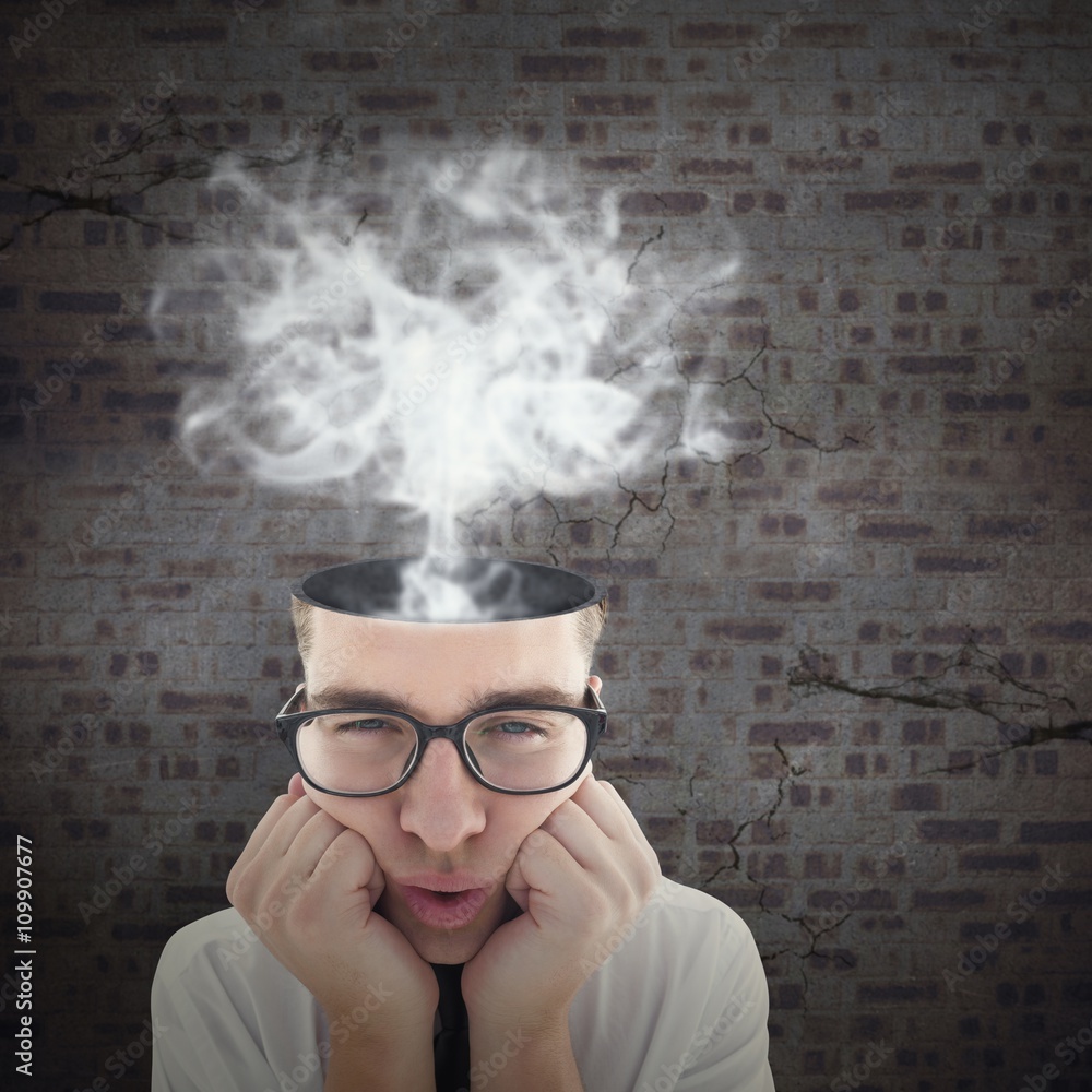 Poster composite image of geeky hipster falling asleep on hands