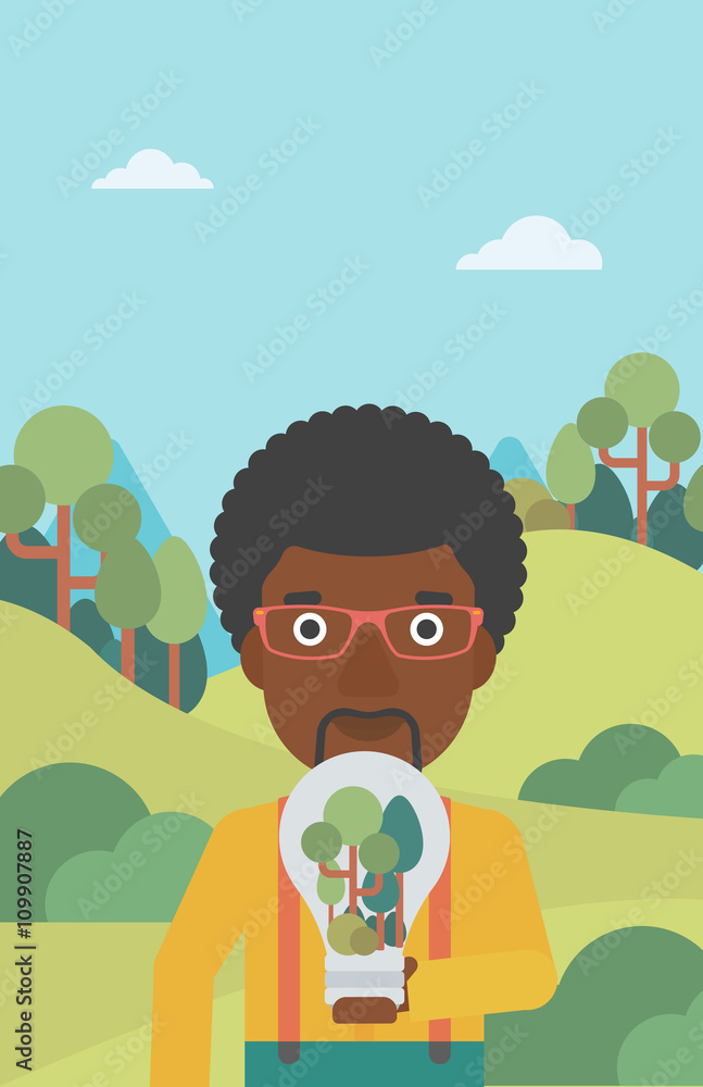 Poster man with lightbulb and trees inside.