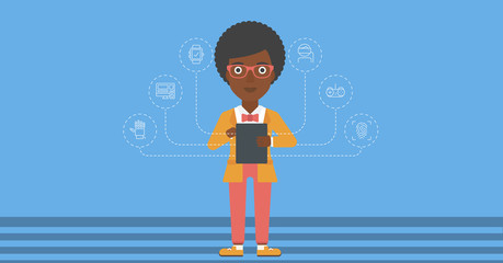 Woman holding tablet computer.