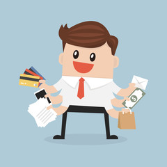 Multitasking businessman and shopping concept design.