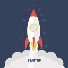Flat design business startup launch concept with rocket icon