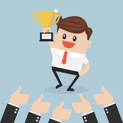 Businessman and many hands with thumbs up