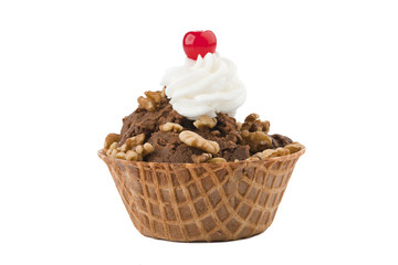 chocolate ice cream on the wafer cone