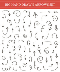 Big hand drawn set, collection isolated on white background. Doodle arrows.