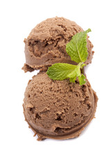 a scoop of chocolate ice cream with mint leaves