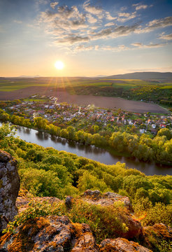 Spring Slovakia panorama landscape with river Hron.