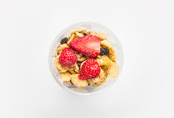 Chia Pudding with Strawberry on white, top view