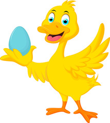 Cute duck holding blue egg