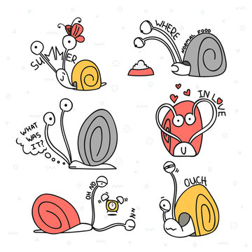 Set of 6 snails doodle handmade. Snail with emotions. Sketch snail. Design elements with animals. Snail for design. Shellfish doodle. Doodle sketch. Doddle character. Cute snail . Summer doodle