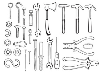 Vector set of hand-drawn construction tools and fasteners - screws, nails, carabiners, nuts and bolts. Set of elements for design brochures, templates, web design building subjects.