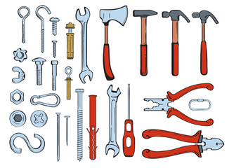 Vector set of hand-drawn construction tools and fasteners - screws, nails, carabiners, nuts and bolts. Set of elements for design brochures, templates, web design building subjects.