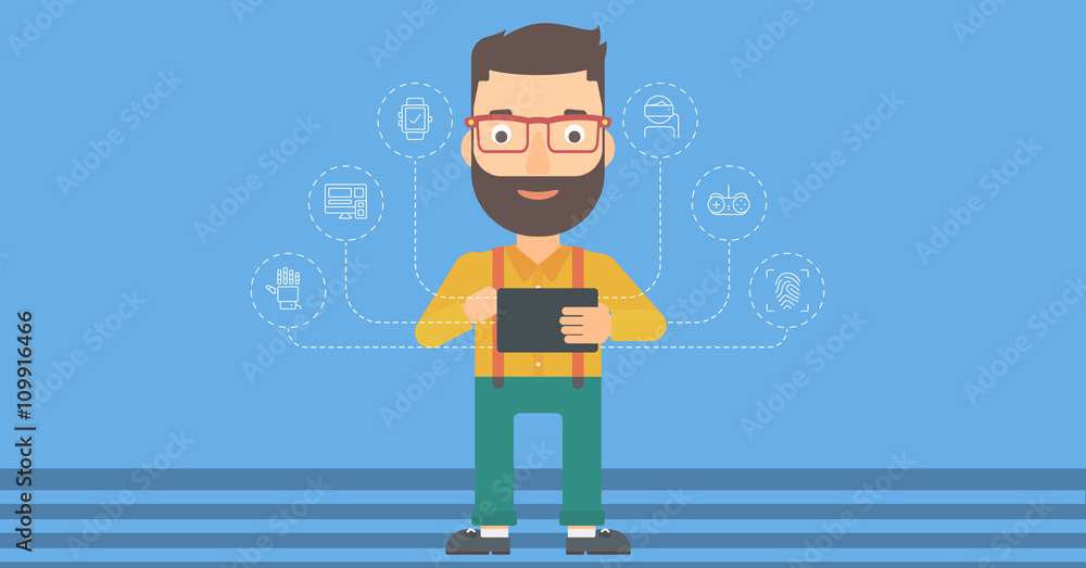 Poster man holding tablet computer.