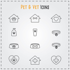 Pets icons set for vet, pet shop, pet house and pet clinic.Outline web icon set. Thin lines icon design.