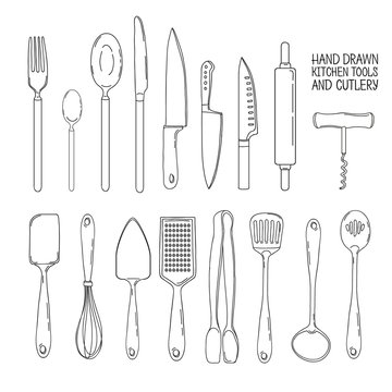 A set of cutlery. Cutlery spoon, fork, blender, knives. Cutlery for cooking. A set of cutlery for serving. Line set of kitchen cutlery. Vector