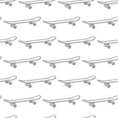 Seamless black-and-white pattern with skateboards. Pattern with skateboards for prints, fabric, stickers. Wallpaper with a pattern of skateboards in a linear style. Vector