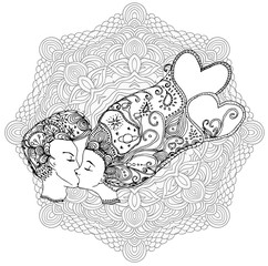 vector kissing couple in doodle style on doodle background. Can be used as card, invitation, background, adult coloring book. Hand drawn style. Wedding invitation. Zentagle. st. Valentine's day card.