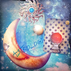 Deurstickers Goochelaar en magische kristallen bol, maan, sterren en zon © Rosario Rizzo