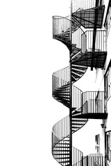 Spiral staircase for fire escape, black and white image. - 109921413