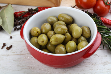 Green olives in the bowl