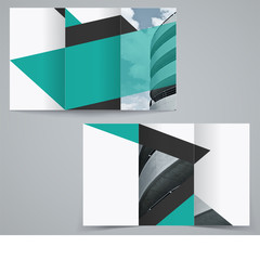 Tri-fold business brochure template, two-sided template design in green color.