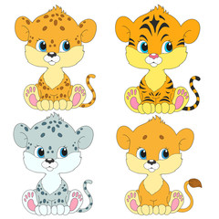 Set of cartoon characters. Cubs vector. Lion, leopard, tiger, snow leopard.