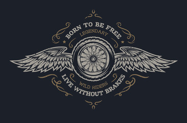 Wheel and wings in vintage style.