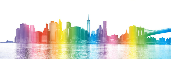NEW YORK CITY -  rainbow colors silhouette of Manhattan skyscrap - obrazy, fototapety, plakaty