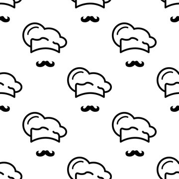 Icono plano patrón con gorro cocinero y bigote sobre fondo blanco