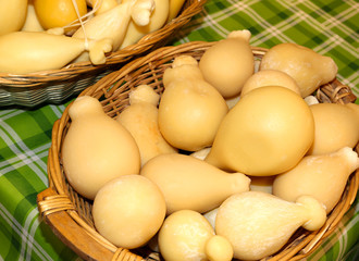 baskets of caciocavallo cheese for sale on the Italian market