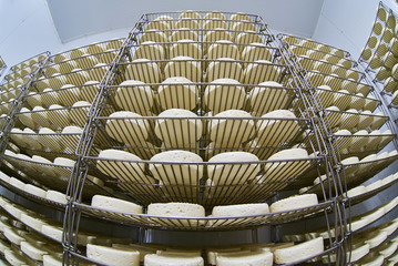 Cheese factory warehouse with shelves of product