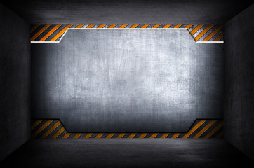 metal space with caution stripes background