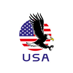Flying eagle on a background of US flag.