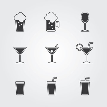 Drinks icons set. Vector gray beverages for cafe and restaurant.