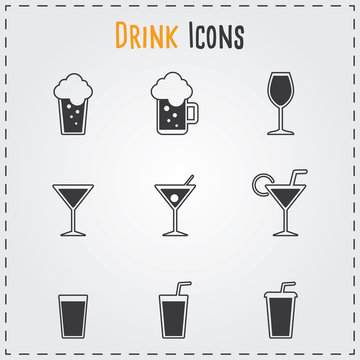 Drinks icons set. Vector gray beverages for cafe and restaurant.