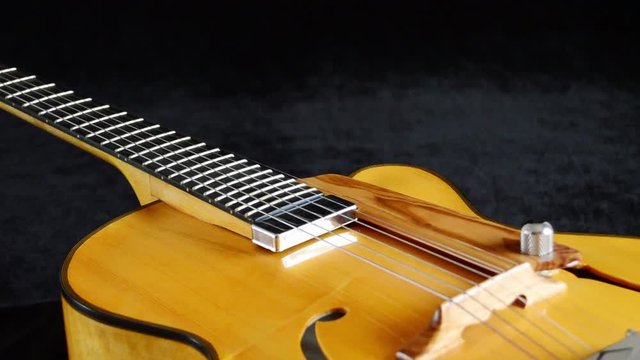 Electric Jazz Guitar Rotating, detail of pickup, strings, frets and efes