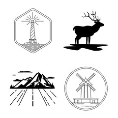 Windmill and lighthouse emblems, deer silhouette, mountain, nature exploration 