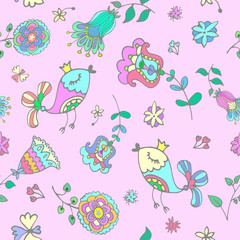 Doodle seamless pattern with birds and flowers 