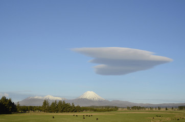 Tongariro volcano and unusual (UFO looking) cloud, New Zealand