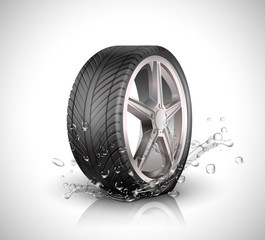 Car wheel with splashing water in motion blur on white background .Vector illustration 