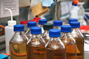 test water samples in the laboratory of water treatment plant / bottles of contaminated water for laboratory analysis