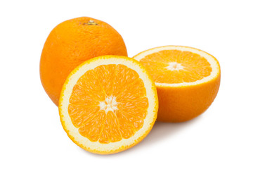 Orange fruit half and two segments or cantles isolated on white background for graphic designers.