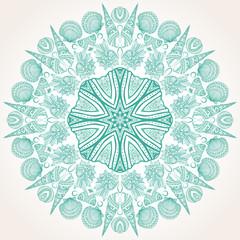Graphic round ornament with sea shells. Mandala. Vector decorative illustration