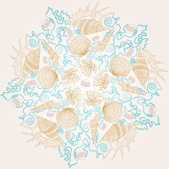 Fototapeta na wymiar Graphic round ornament with sea shells. Vector decorative illustration