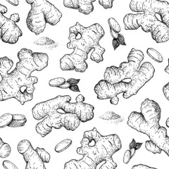 Vector hand drawn Ginger seamless pattern. Ginger root and cuted