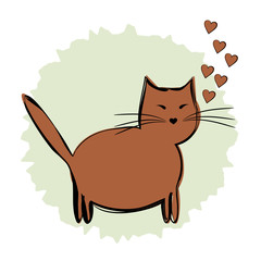 A cartoon brown cat on a blue background with hearts. Brush, Str
