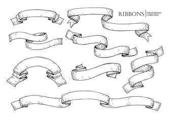 Set of  hand drawn vector scrolled ribbons. Old styled engraved - 109932035