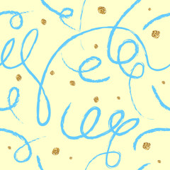 Hand drawn brush strokes with golden glitter splashes seamless pattern. Vector illustration